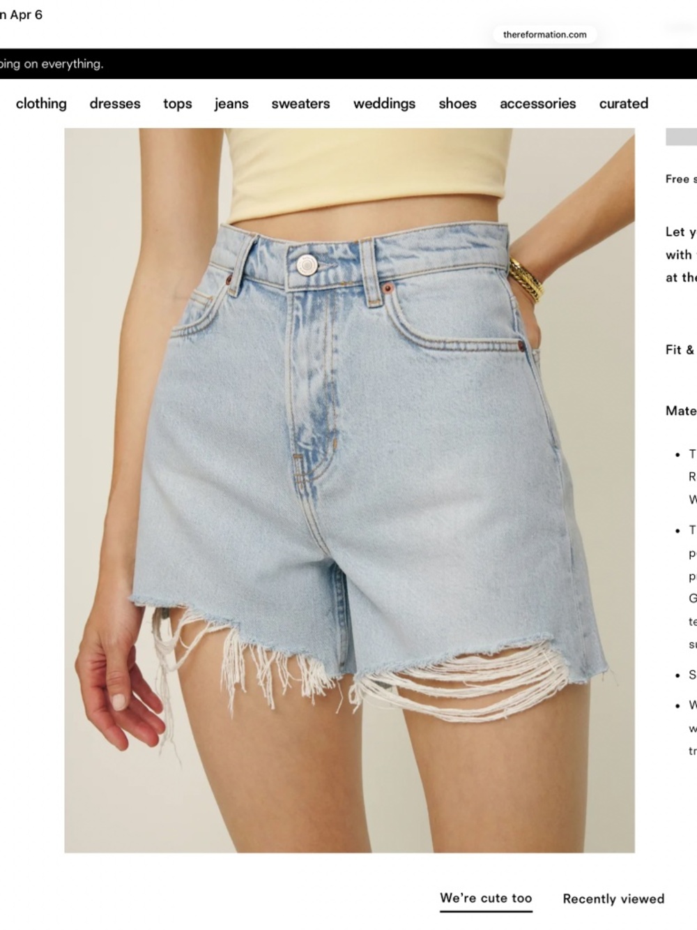 Reformation Light Blue High-Waist Distressed Denim Shorts
